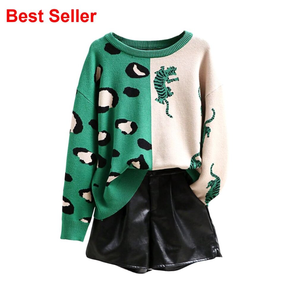 Women's Leopard Print Pullover Sweater Long Sleeve Crew Neck Knit Top